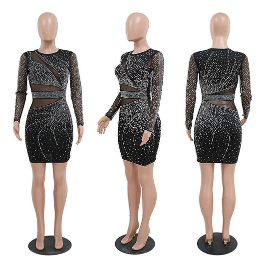 Women’s Sparkly Spaghetti Strap Mini Dress – Rhinestone Detail with Feather Hem, Club Night Outfit